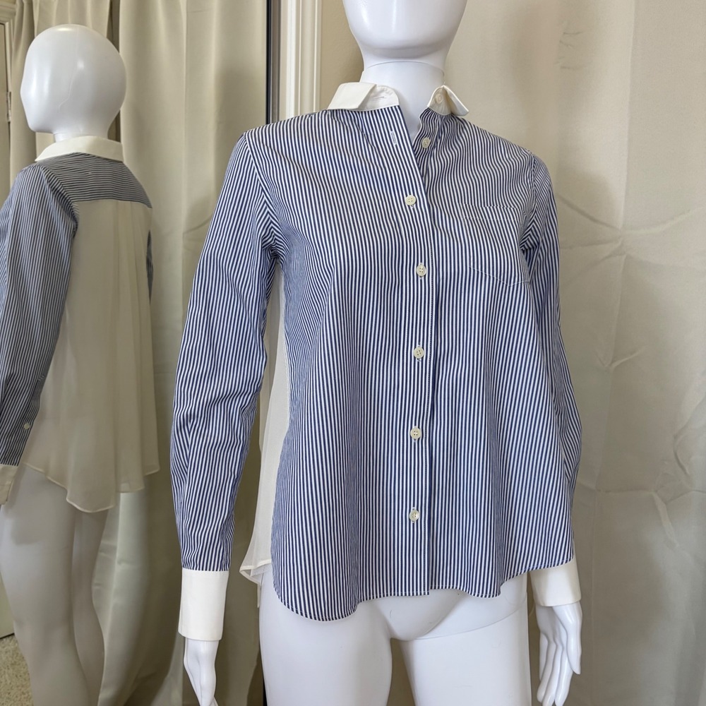 Sacai Luck Blue White Striped Silk Mesh Back Button Down Shirt 14AWLU776 Size 1